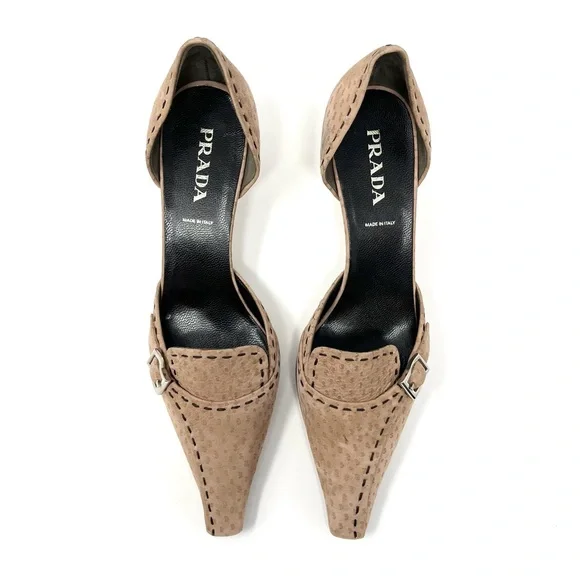 Vintage Prada 90s Y2K Ostrich Tan Brown Buckle Kitten Heels Pumps Shoes 37.5 7.5